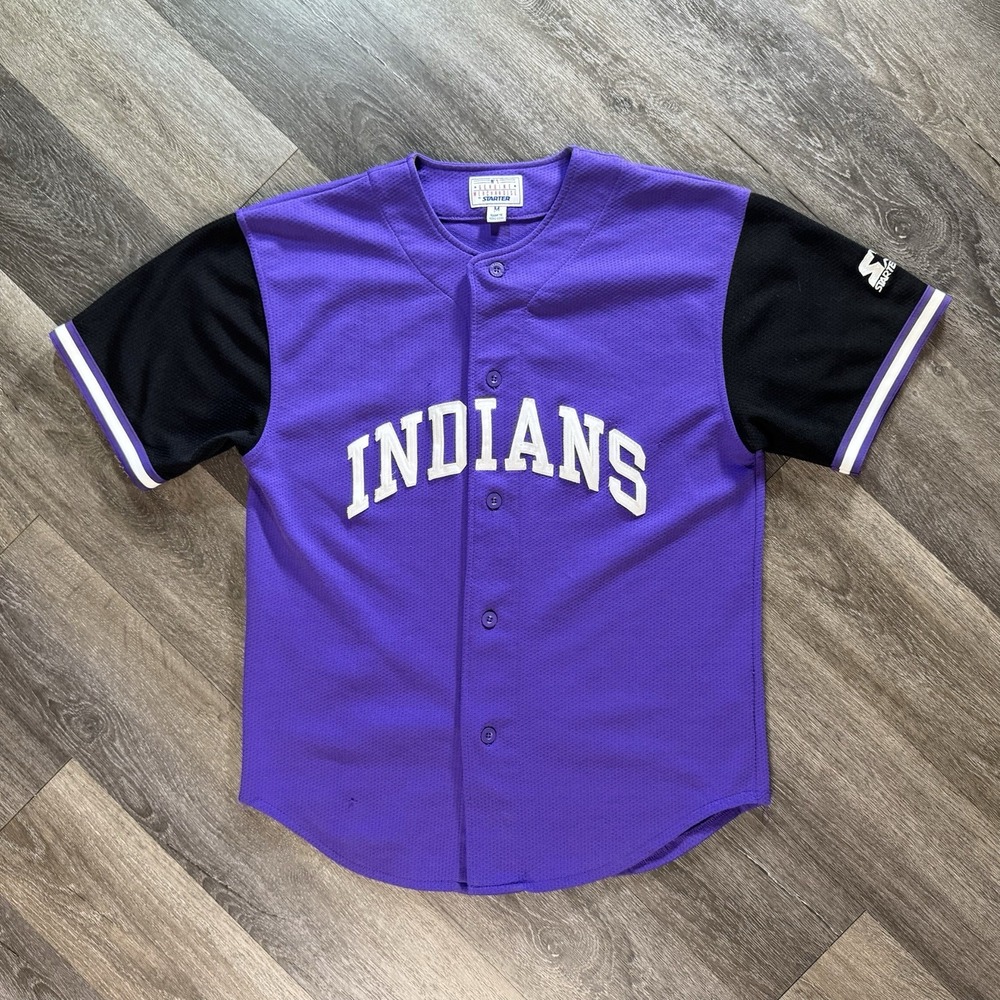 Vtg Starter MLB Cleveland Indians Purple & Black Baseball Jersey Size Medium M
